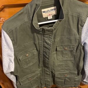 Wallflower Olive Utility Jacket with Gray Knit Sleeves